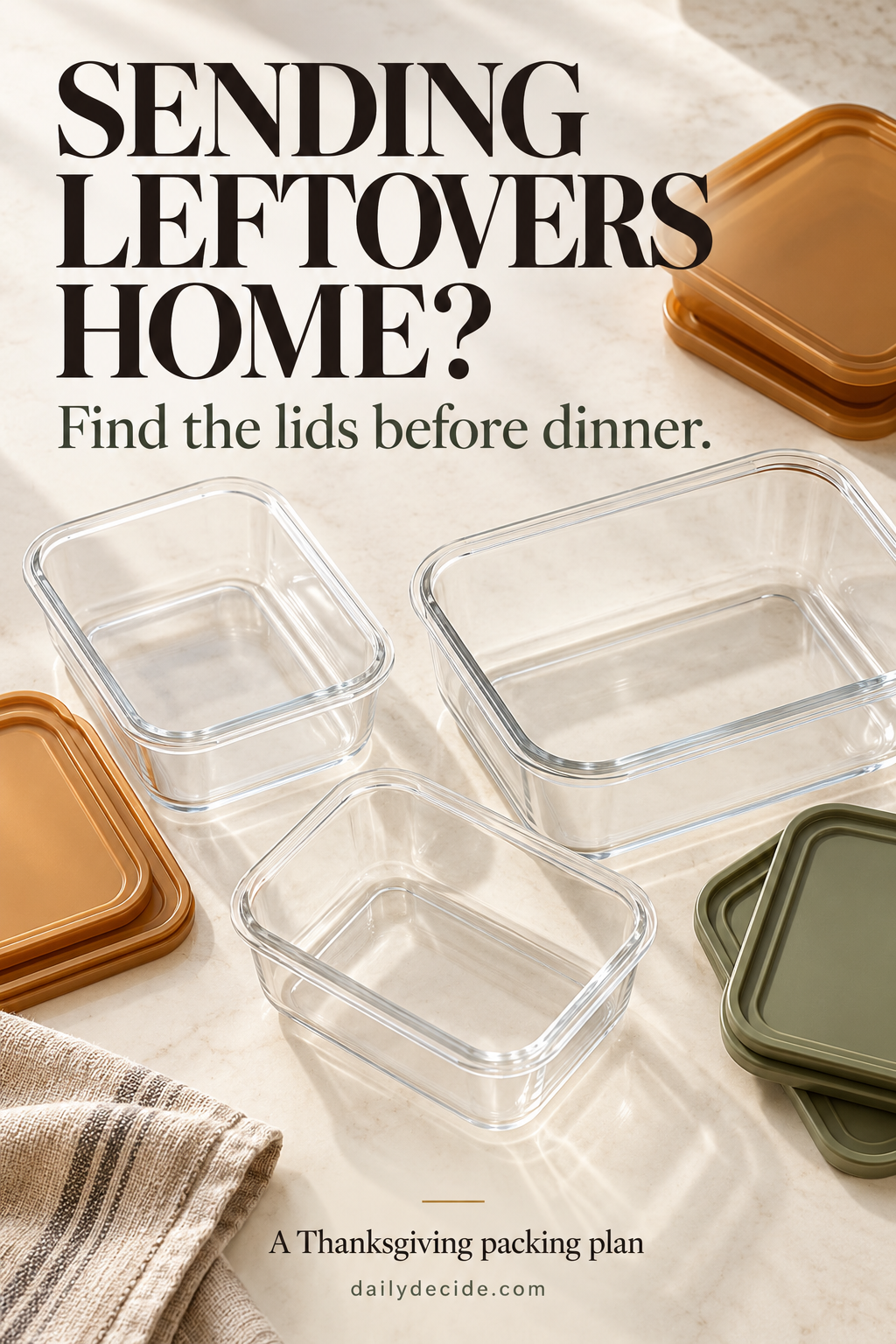 Illustration of empty clear food containers with amber and sage lids beneath the words “Sending leftovers home? Find the lids before dinner.”