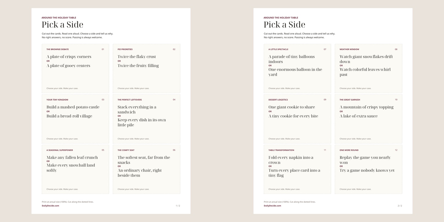 Preview of both printable Pick a Side pages, showing twelve either-or conversation cards with dotted cut lines.