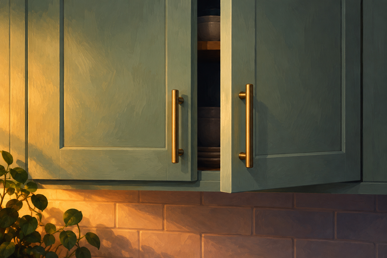 Illustration of sage-green cabinet doors with brass handles, one slightly open in warm light.