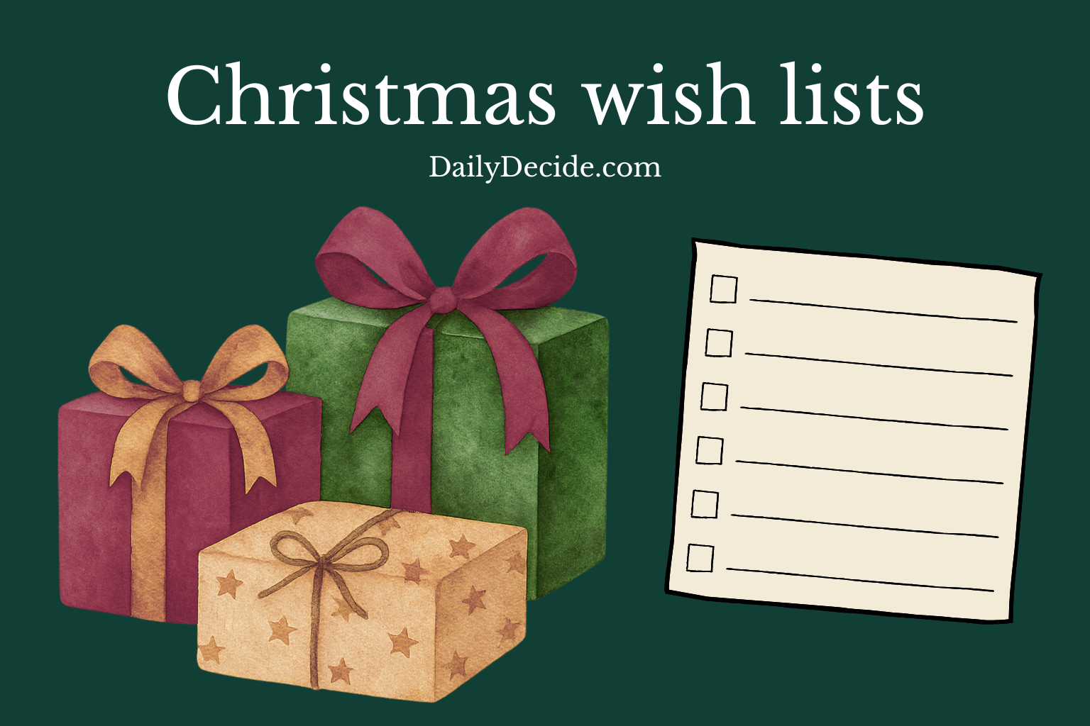 Christmas wish lists header with three illustrated wrapped gifts and a blank checklist on a dark green background.