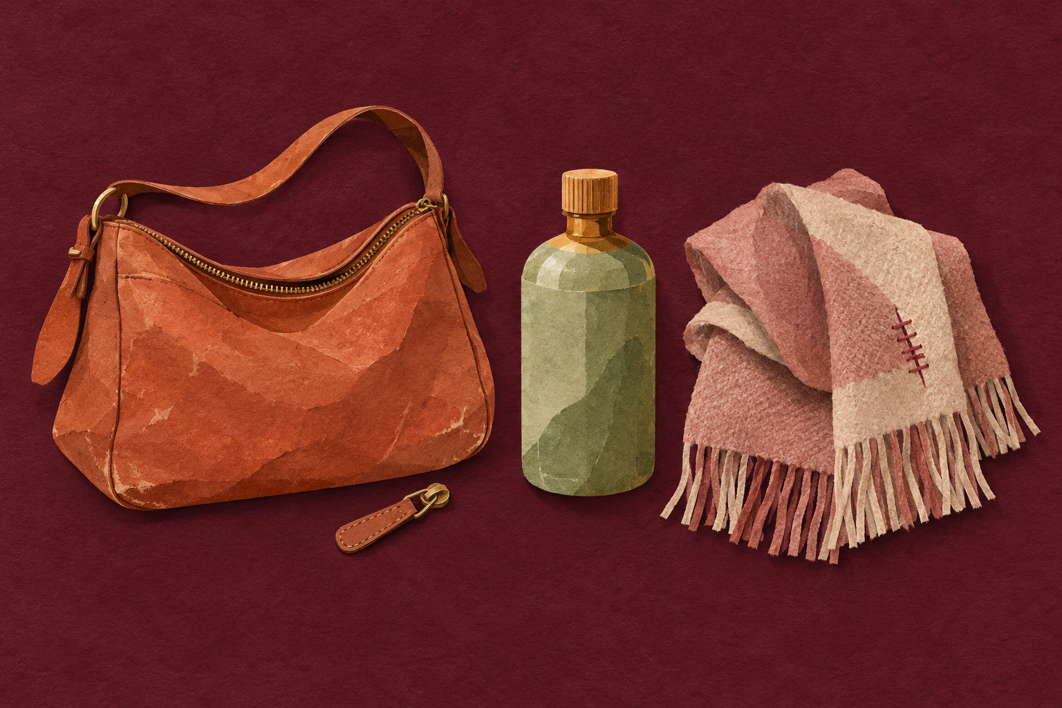 Paper-cut illustration of a worn terracotta handbag, green unbranded refill bottle and folded scarf with visible repair stitches on a burgundy background.