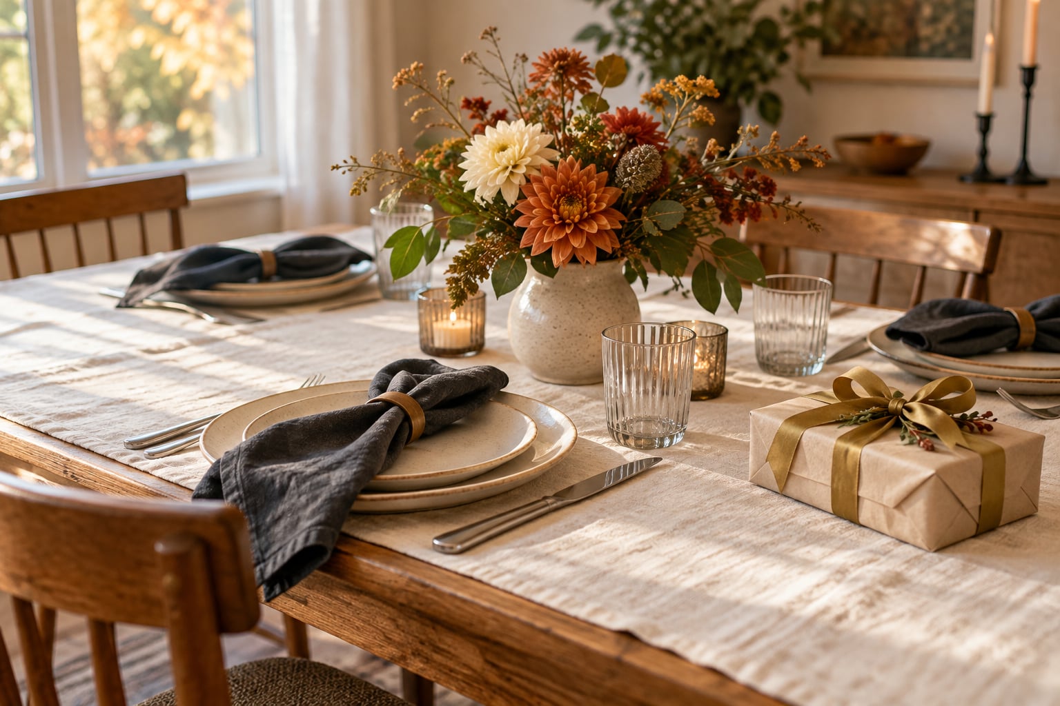 An autumn table setting with flowers and a wrapped host gift.