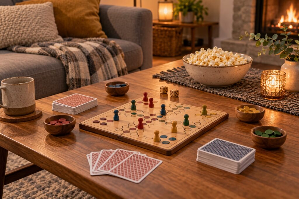 A wooden board game, playing cards, and popcorn on a cozy living-room table.
