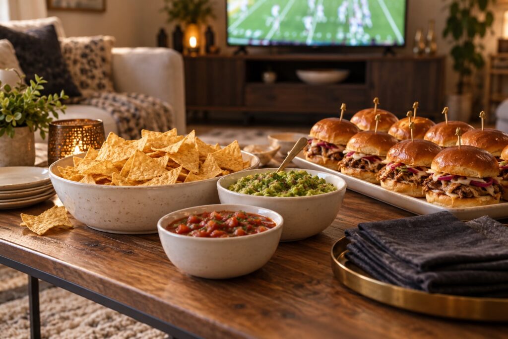 Chips, dips, and small sandwiches set out for football game night.