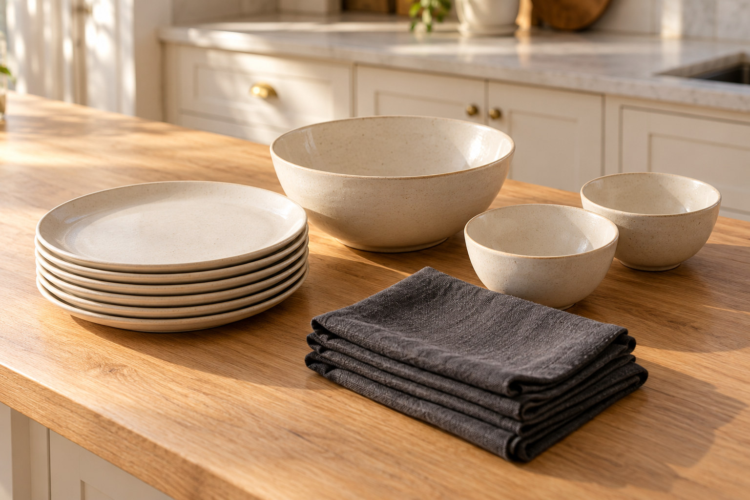 Ivory plates, empty serving bowls and folded charcoal napkins arranged on a wooden kitchen island.