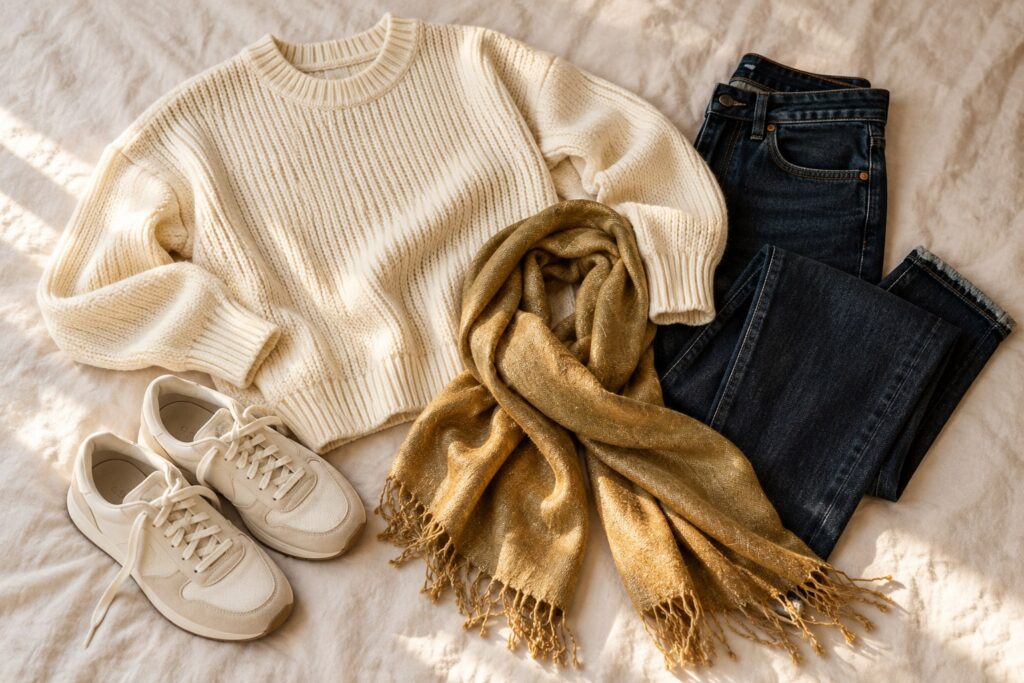 A cream sweater, dark jeans, neutral trainers, and a gold scarf on ivory linen.