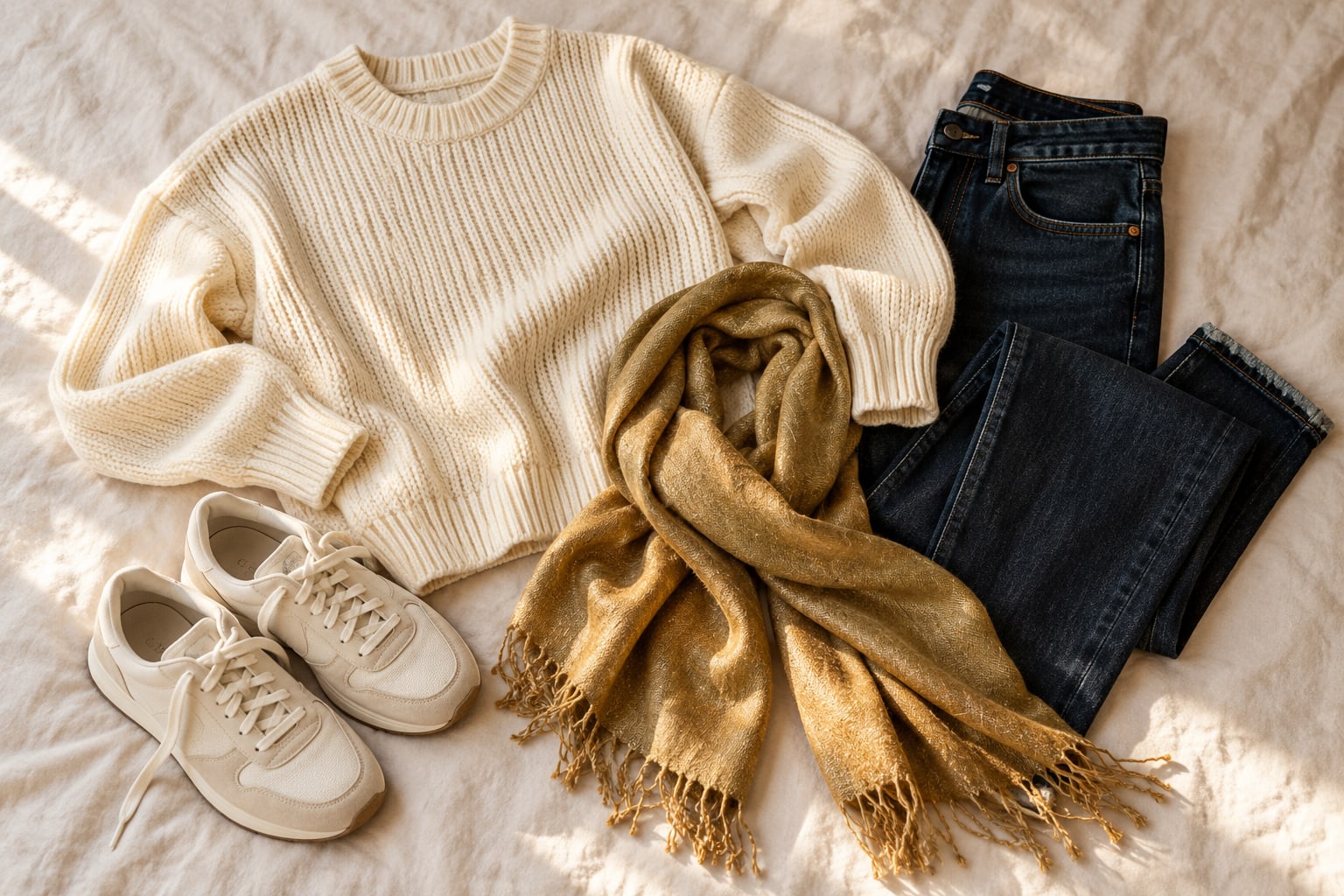 A cream sweater, dark jeans, neutral trainers, and a gold scarf on ivory linen.