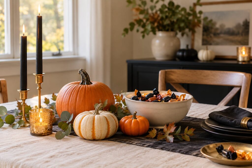 Pumpkins and a bowl of Halloween treats on an ivory tablecloth.