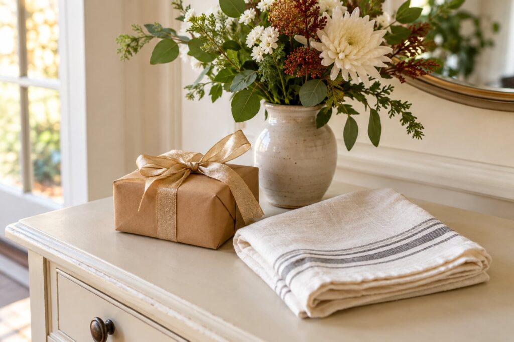 A wrapped host gift, folded kitchen towel, and flowers on an ivory table.