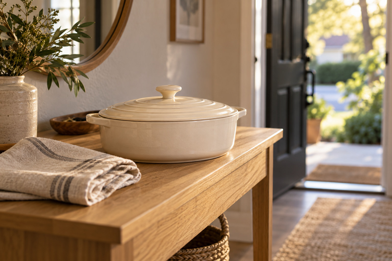 Covered ivory casserole dish and folded linen towel on a wooden console beside an open doorway.