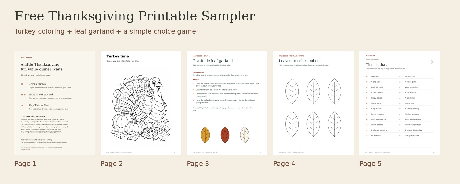 Five-page Daily Decide Thanksgiving sampler showing a turkey coloring picture, leaf garland instructions and template, and a This or That game.