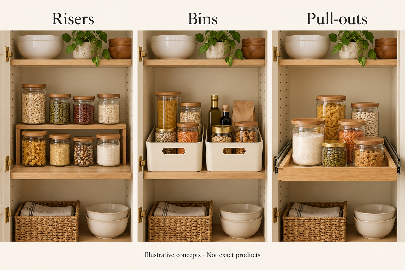 AI-generated comparison of pantry storage concepts: jars on risers, grouped in bins, and on an extended pull-out tray.