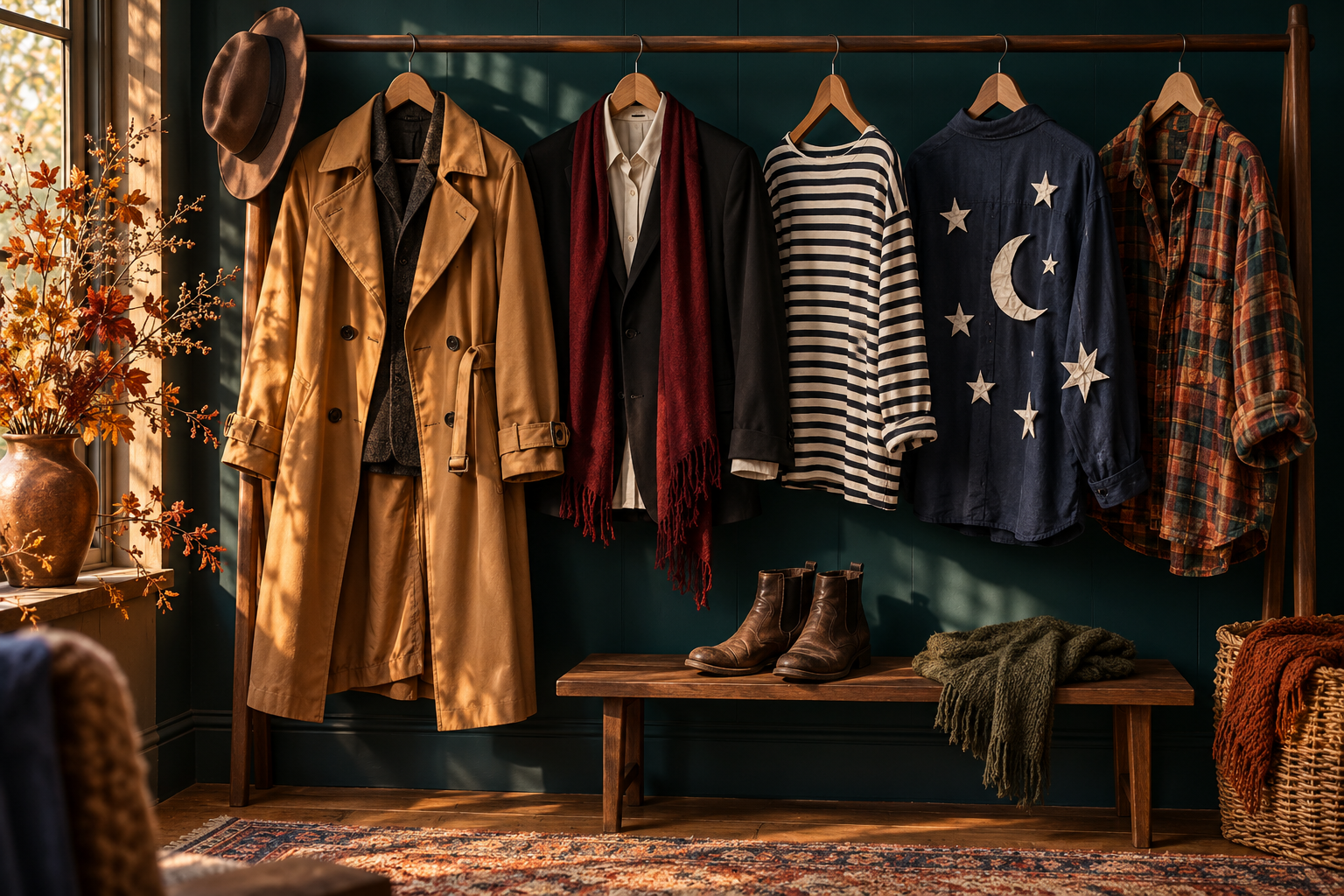 AI-generated illustration of closet-first Halloween costume ideas on a clothing rail.