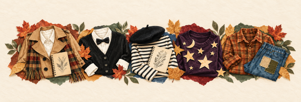 Illustrated closet-first Halloween outfits for a detective, dinner-party vampire, artist, night sky and scarecrow.