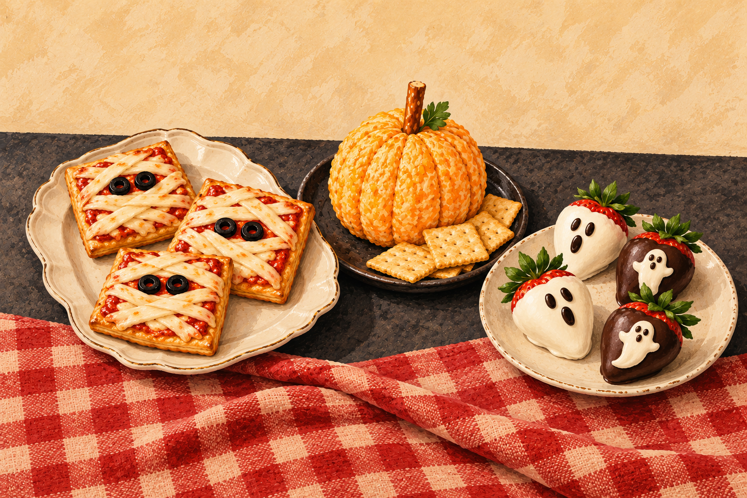 Cookbook-style illustration of square mummy pizzas with mozzarella strips and olive eyes, a pumpkin-shaped orange cheese ball with a pretzel stem, and white- and dark-coated ghost strawberries with green leaves.