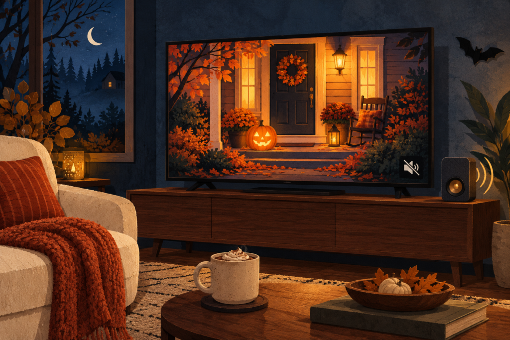 Original illustration of a cozy Halloween living room with a muted TV showing a pumpkin porch and one separate speaker playing music.