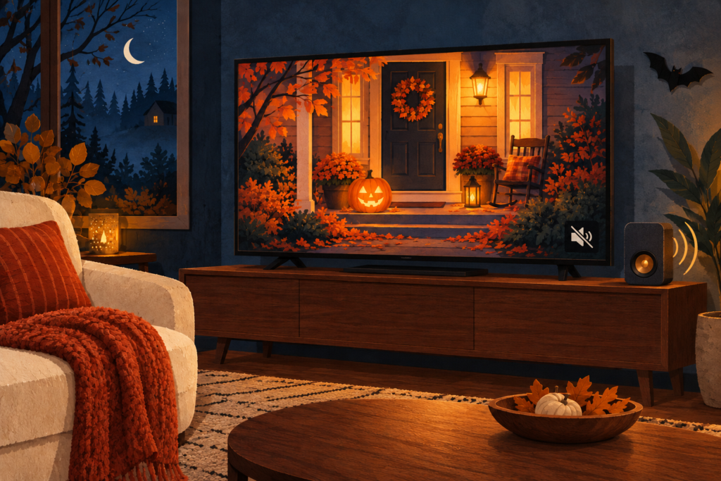 Original illustration of a cozy Halloween living room with a muted TV showing a pumpkin porch and one separate speaker playing music.