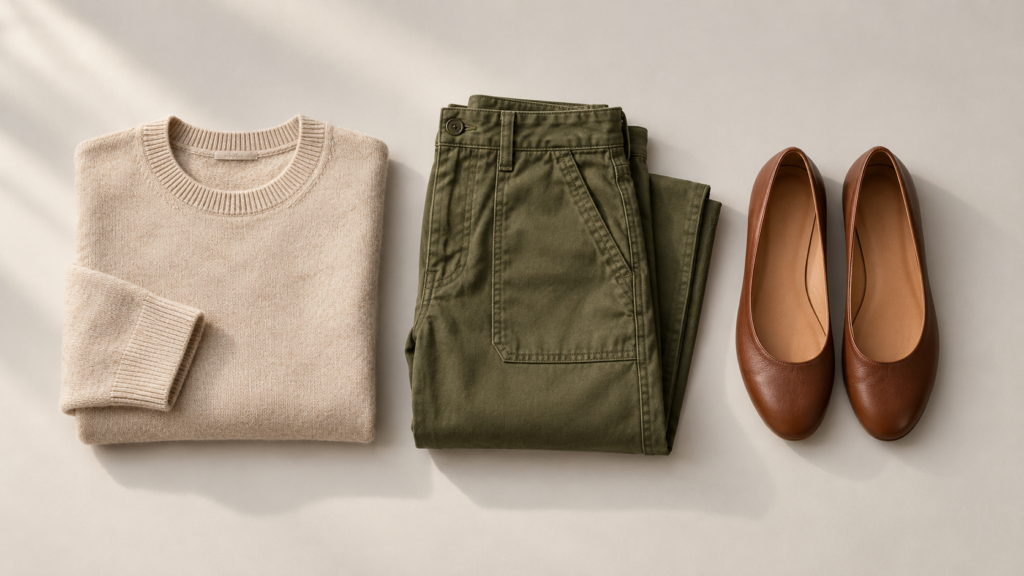 AI-generated flatlay of an oatmeal crewneck sweater, folded olive utility trousers, and plain brown flats on a light neutral surface.