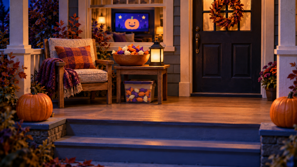 Miniature porch at dusk with an empty chair, candy bowl, refill bin, glowing lantern, clear steps and a pumpkin picture on an indoor screen.