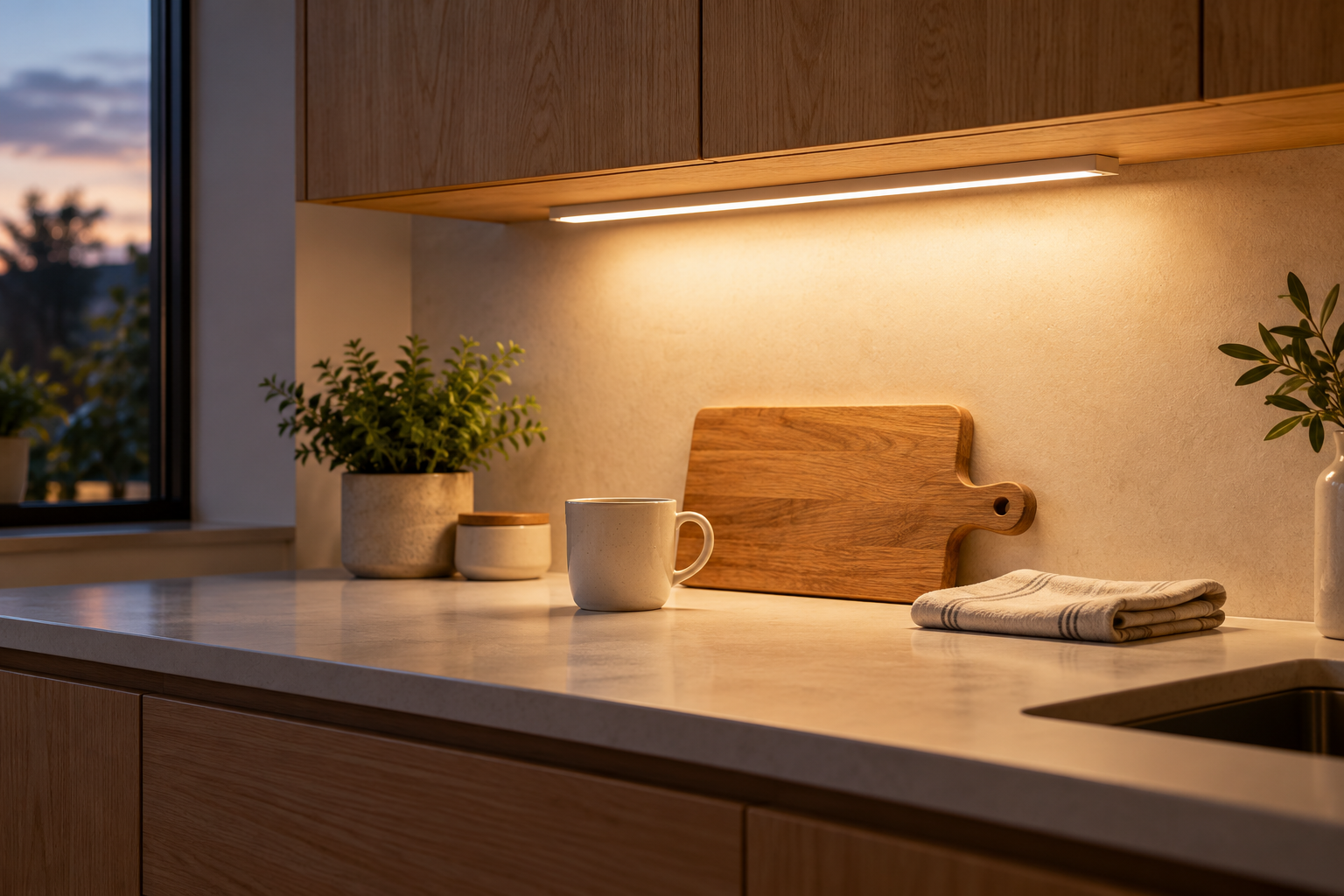 AI-generated concept of warm under-cabinet lighting over a kitchen work surface, not a specific product.
