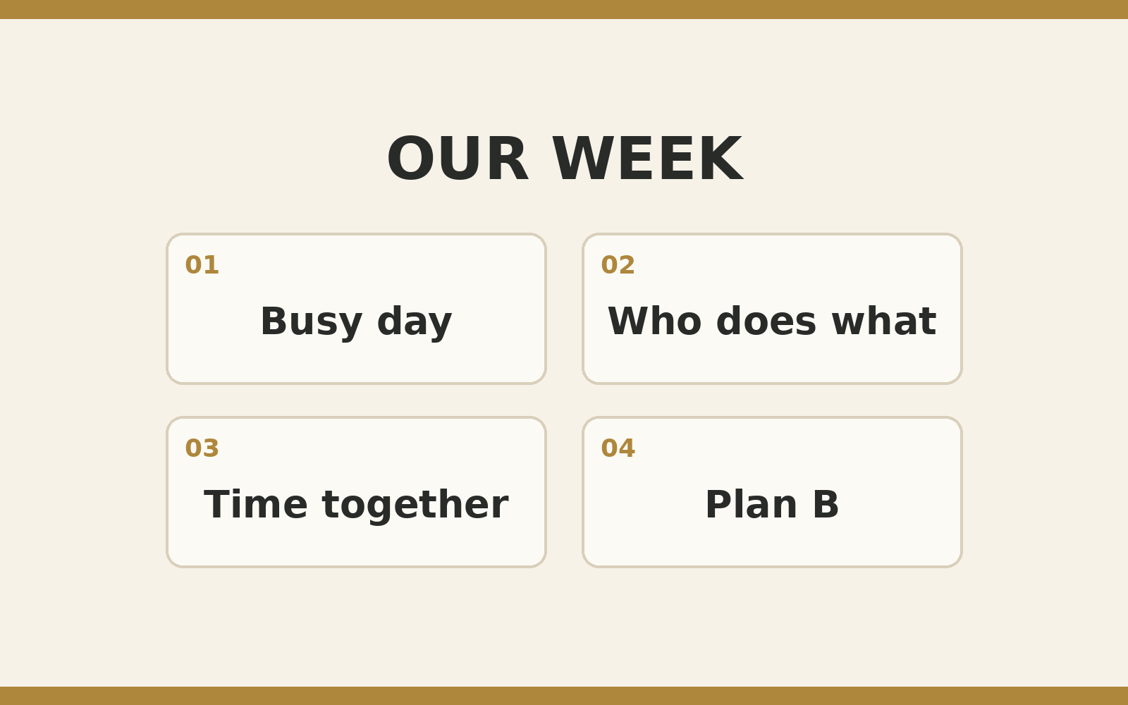Our week planning grid: busy day, who does what, time together, and Plan B.