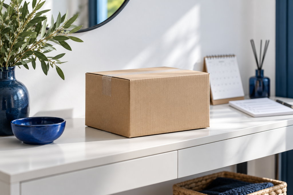 Conceptual illustration of a plain parcel on an entryway table with a calendar and shopping checklist.