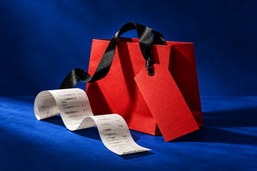 AI-generated conceptual illustration of a red shopping bag, blank sale tag and receipt on a deep blue background.