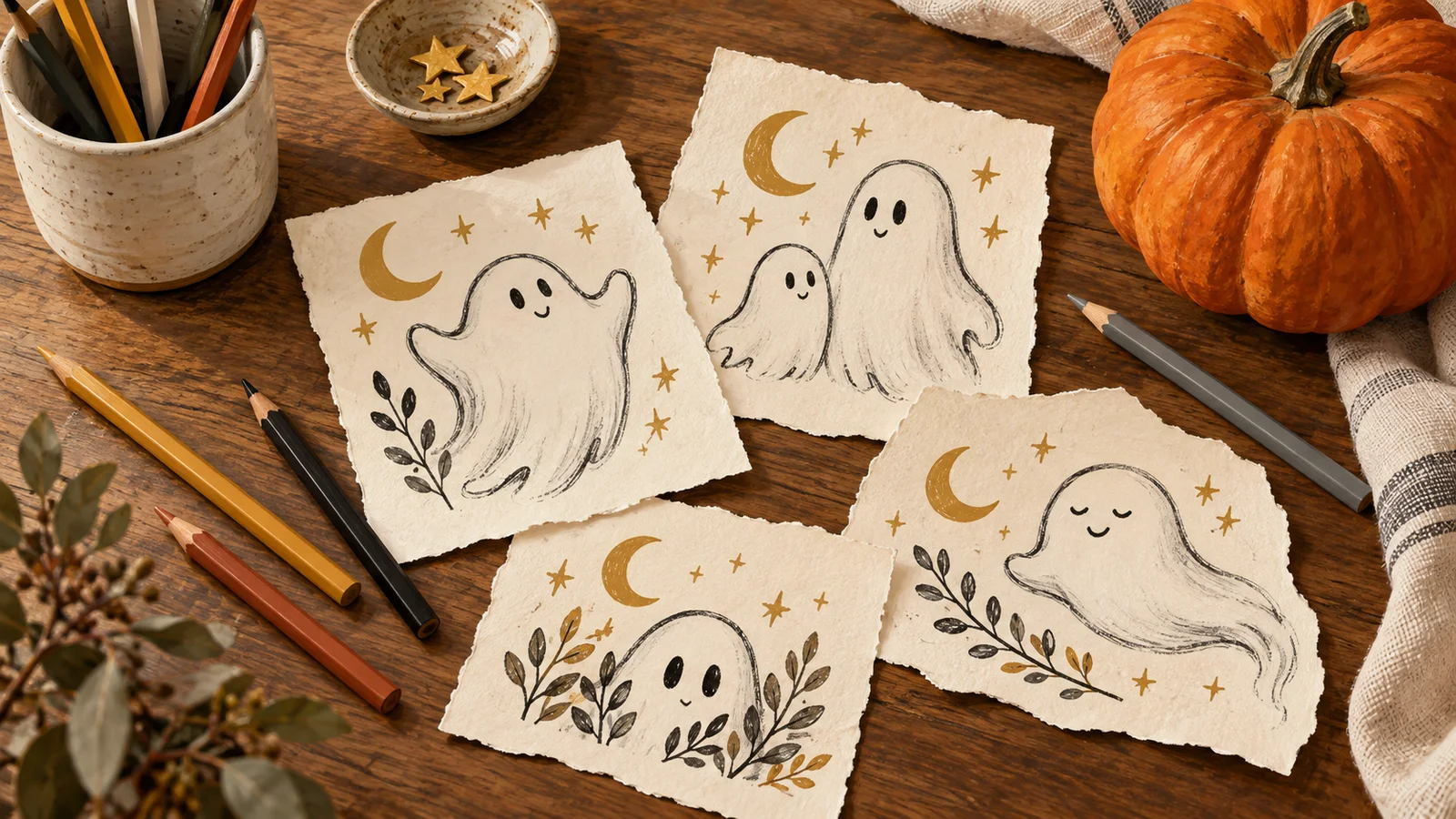Friendly ghost and crescent moon drawings on paper beside colored pencils and an uncarved pumpkin.