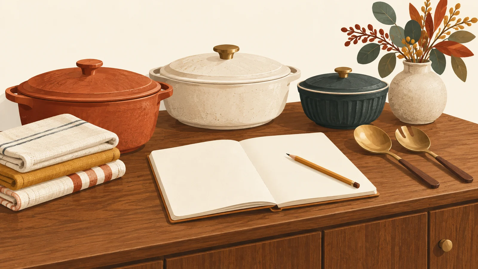 Illustrated sideboard with covered serving dishes, folded towels, serving utensils, and a blank notebook and pencil for potluck planning.