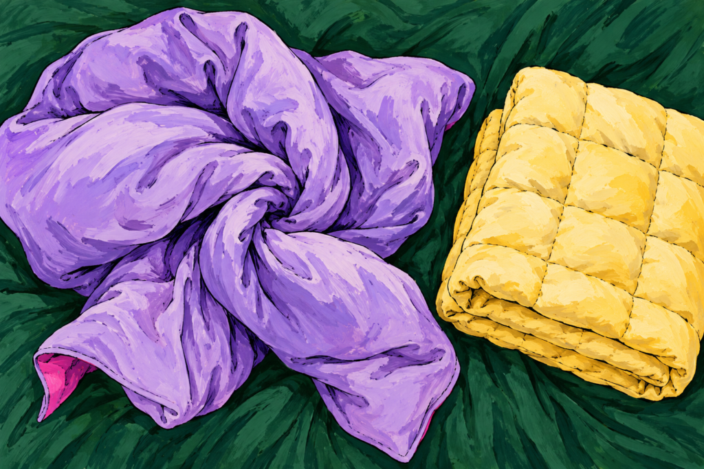 Lilac duvet cover twisted into a loose knot beside a folded yellow comforter on a forest-green background.