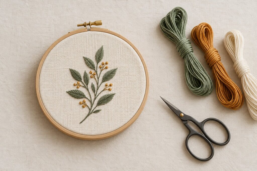 AI-generated illustration of a wooden embroidery hoop with green leaves and amber buds stitched on ivory linen, beside three floss skeins and small scissors.