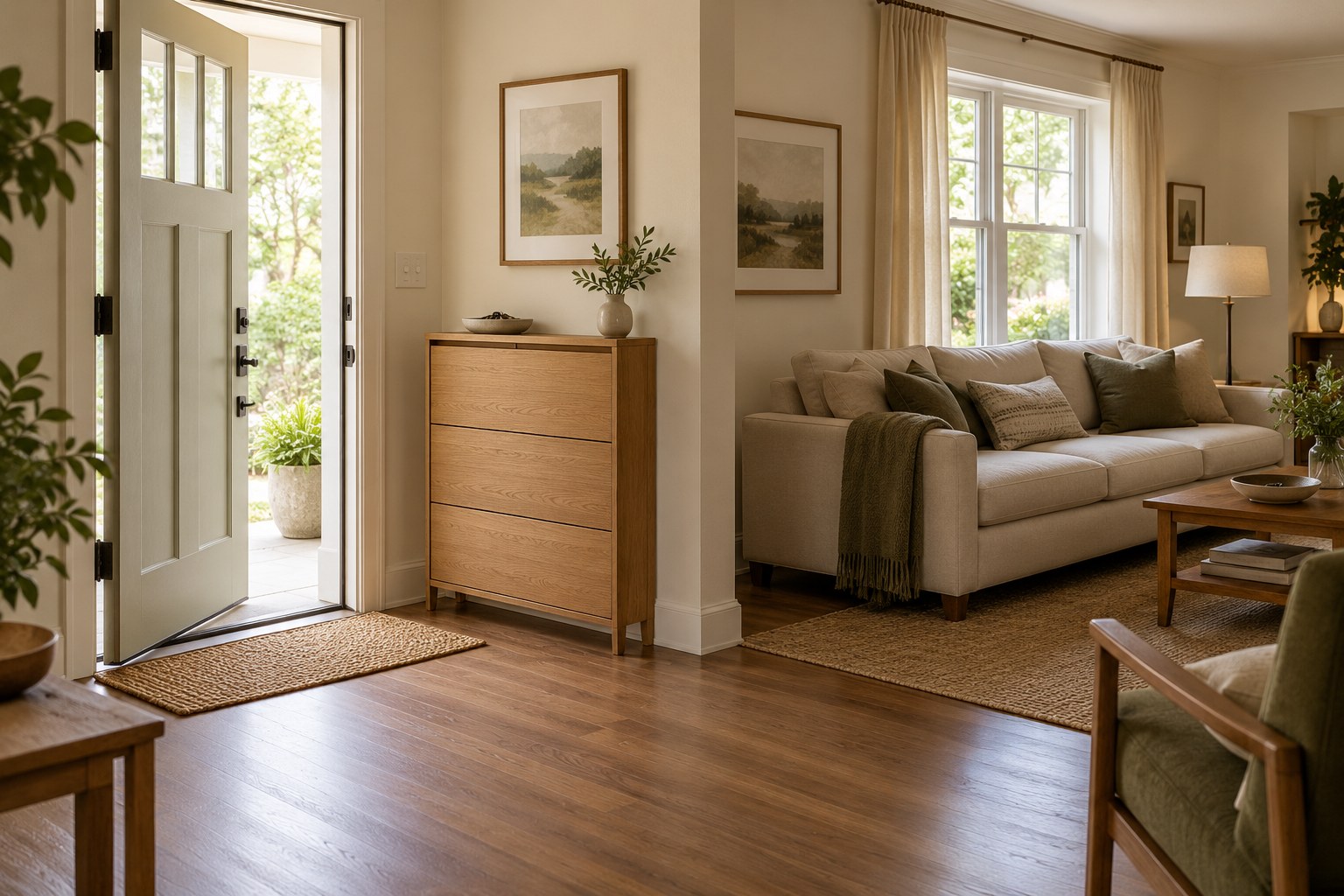 AI-generated concept of a front door opening beside a slim closed shoe cabinet and a neutral living-room sofa.