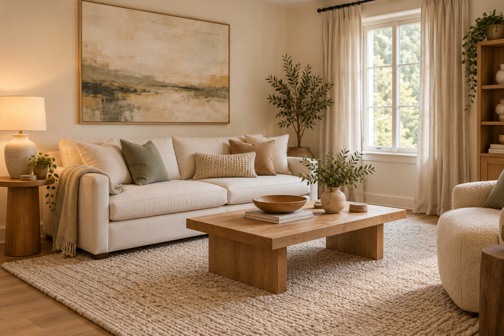 AI-generated living room concept with an ivory sofa, large textured rug, framed art, floor-length curtains and a warm table lamp.
