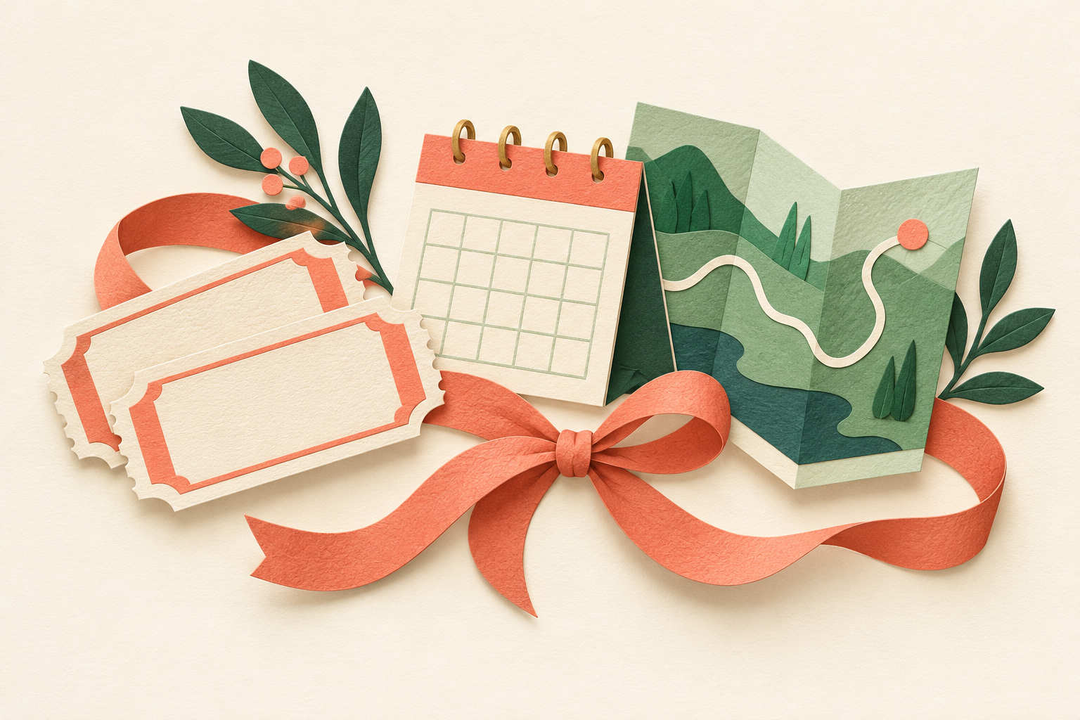Paper-cut illustration of two blank event tickets, a calendar, a folded map and a coral gift ribbon on a cream background.
