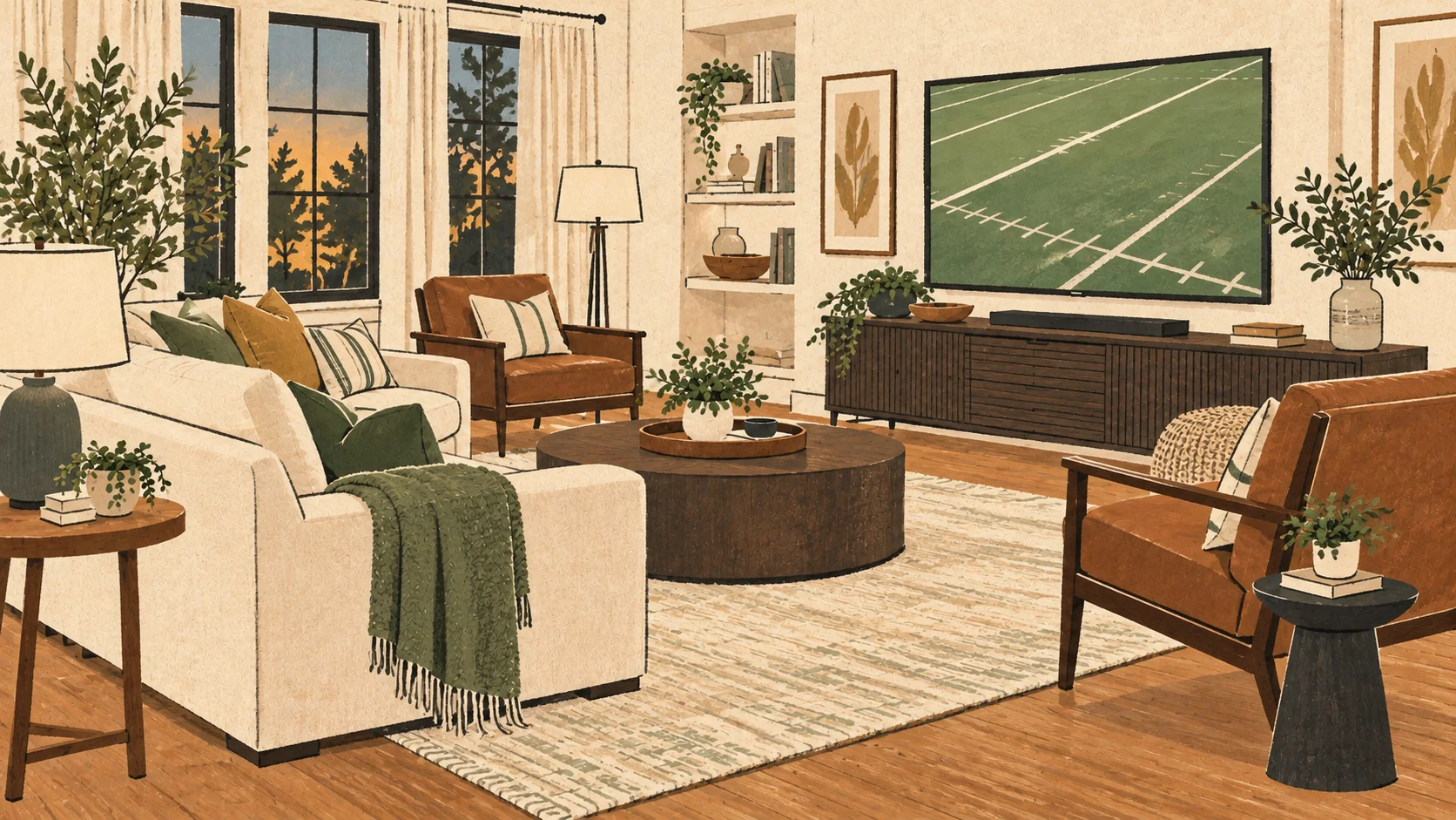 Illustrated living room with a sofa and armchairs facing a television showing an abstract football field.