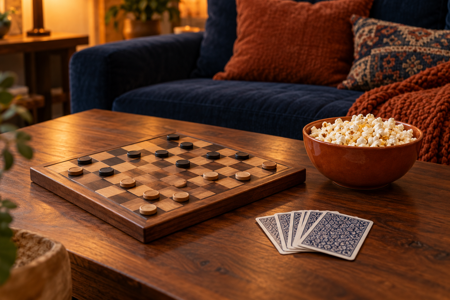 AI-generated illustration of a wooden game board, playing cards and popcorn beside a navy sofa.