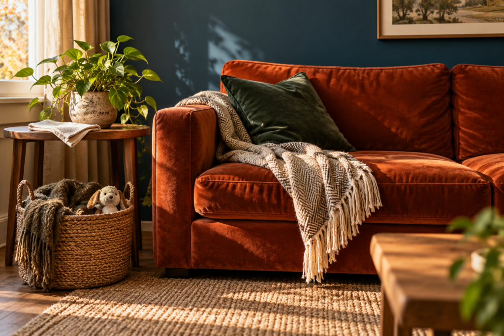AI-generated illustration of a rust-colored sofa, textured rug, framed art and curtains in a warmly lit living room.