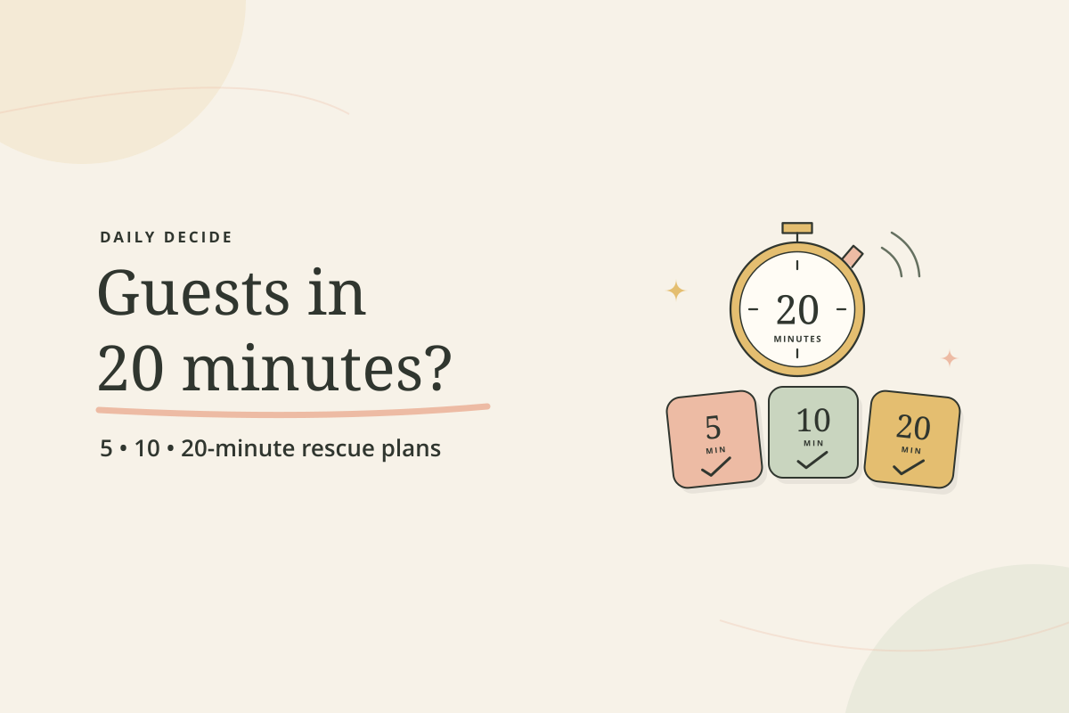 Guests in 20 minutes? Choose a 5, 10, or 20-minute rescue plan, illustrated with a timer and three colorful cards.