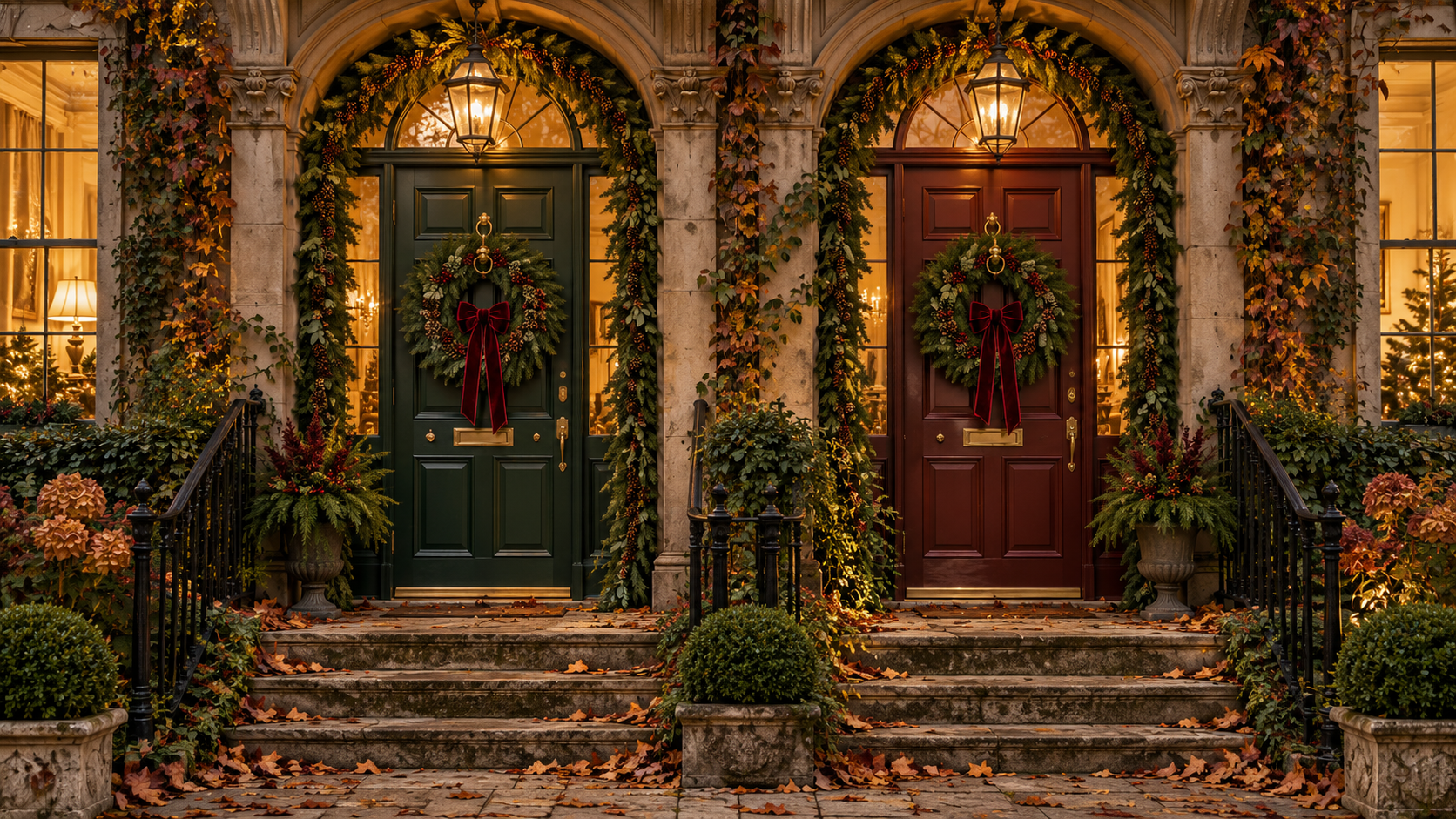 AI-generated illustration of two welcoming holiday front doors, one evergreen and one burgundy, with wreaths and warm amber lights.