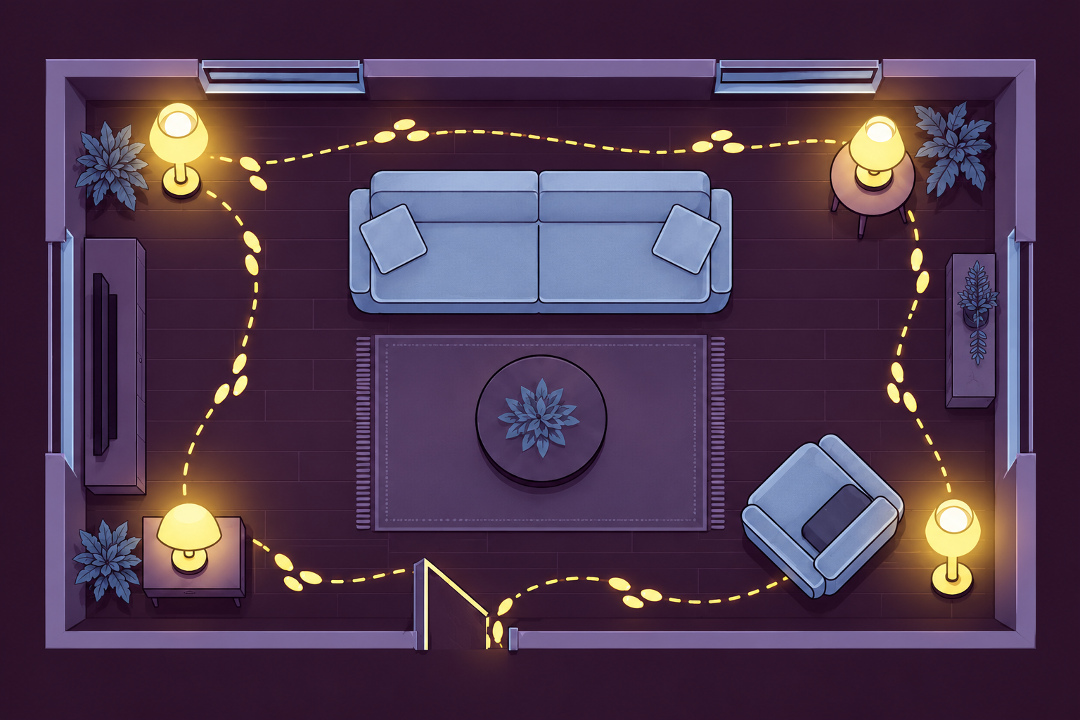 Illustrated overhead living-room map with four glowing lamps and a dotted walking route around a sofa and armchair.