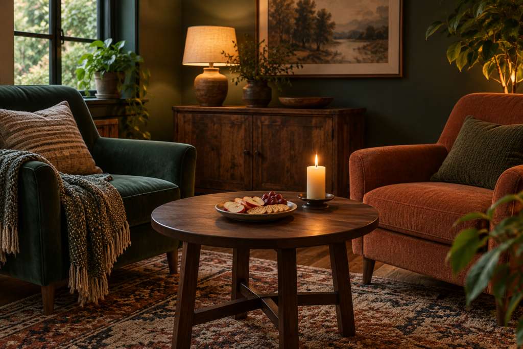 AI-generated illustration of two comfortable green and terracotta chairs around a small table with a simple snack plate and candle.