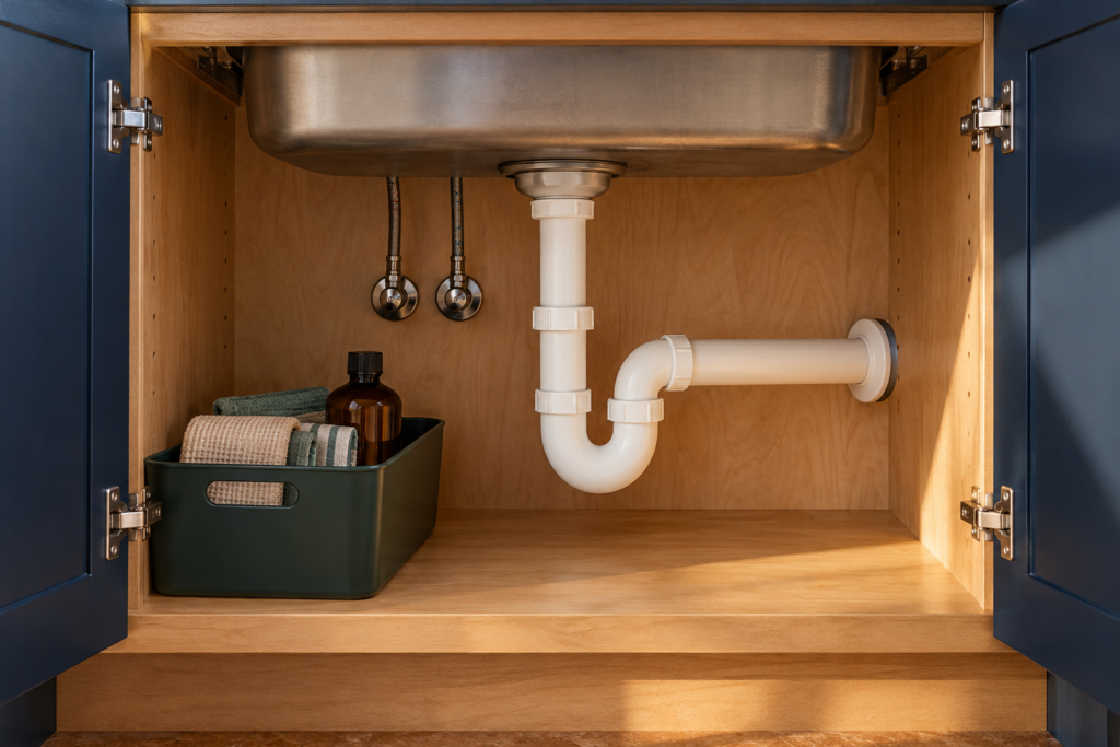 AI-generated illustration of an open blue sink cabinet with a white drain trap and a small storage bin beside the plumbing.