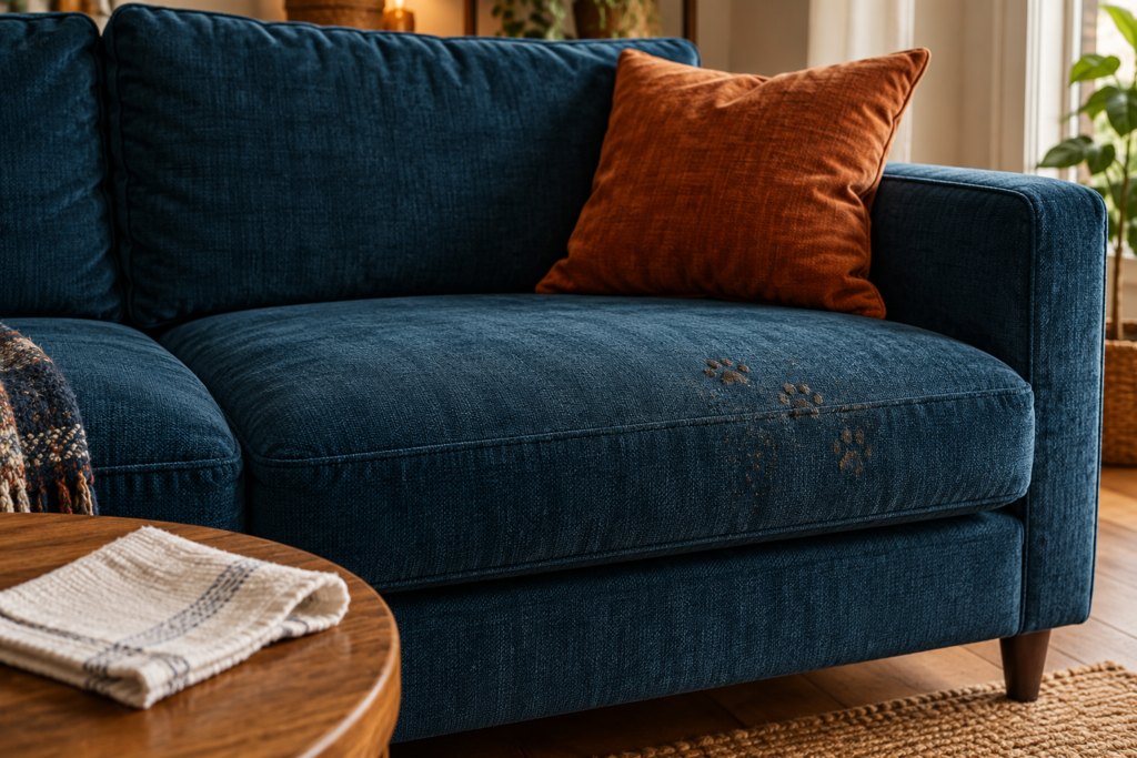 AI-generated illustration of a blue upholstered sofa with a rust cushion, small muddy paw marks on the seat and a folded cleaning cloth nearby.