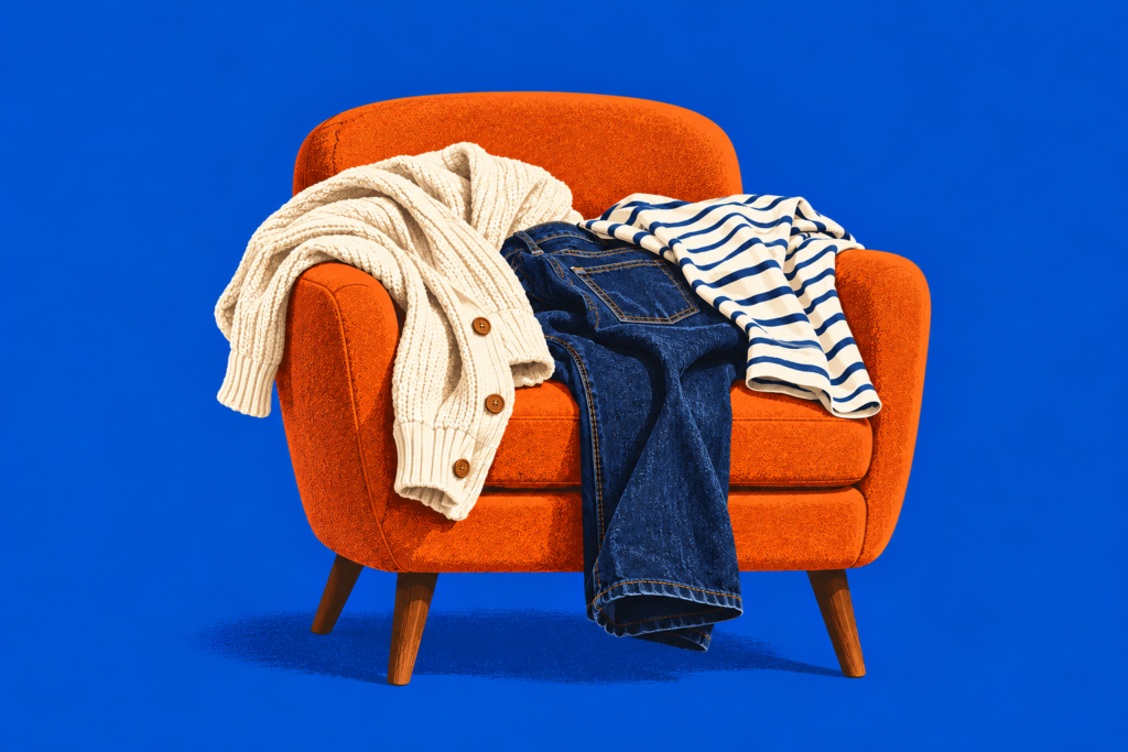 Illustration of a cream cardigan, jeans and striped shirt draped over an orange chair against a cobalt blue background.